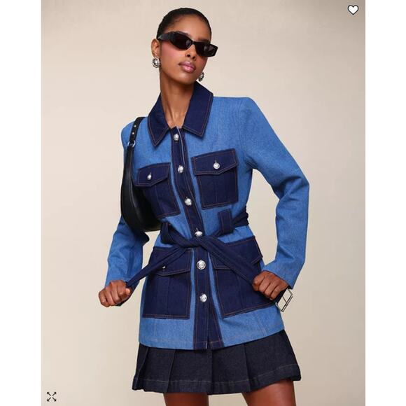 NEW Avec Les Filles Denim Military Jacket Small Blue Jean Cargo Belted Blazer - Picture 12 of 16